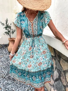 Breezaya Floral Print Petal Sleeve Knot Front Ruffle Hem Dress - Multicolor - View 6