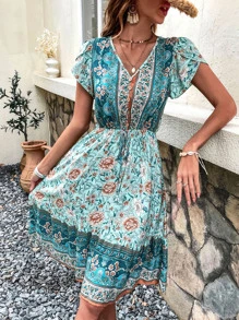 Breezaya Floral Print Petal Sleeve Knot Front Ruffle Hem Dress - Multicolor - View 5