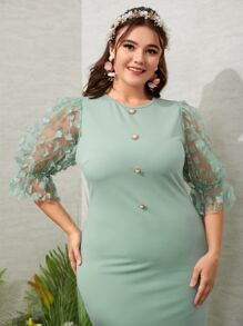 Modelyn Plus Appliques Mesh Puff Sleeve Fake Button Split Back Dress - Mint Green - View 4