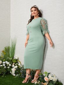 Modelyn Plus Appliques Mesh Puff Sleeve Fake Button Split Back Dress - Mint Green - View 5
