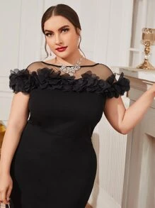 Modelyn Plus Applique Contrast Mesh Slit Back Dress Long Evening Dresses - Black - View 4