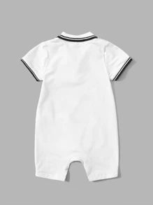 SHEIN 男嬰條紋飾邊補丁貼口袋Polo領連身短褲 - 白色 - 查看 2