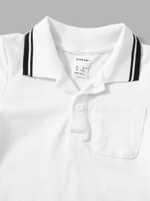 SHEIN 男嬰條紋飾邊補丁貼口袋Polo領連身短褲 - 白色 - 查看 3