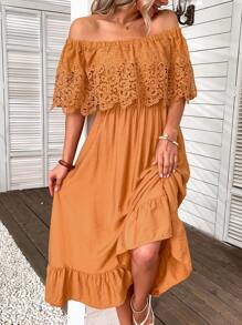 SHEIN VCAY 一字肩提花蕾絲覆蓋荷葉邊伴娘連衣裙 - 亮橙色 - 查看 4