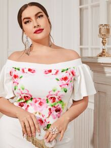 Mulvari Plus Floral Print Off Shoulder Flounce Sleeve Fitted Dress - White - View 4