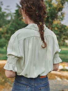 Simple Retro Áo sơ mi cổ chữ V thêu hoa màu xanh lá cây dành cho nữ Quần áo mùa hè Phụ nữ tính khí nhẹ nhàng Đi làm Văn phòng Phỏng vấn Sự thanh lịch của Pháp - Màu xanh Bạc hà - Xem 4