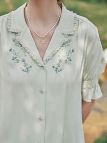 Simple Retro Áo sơ mi cổ chữ V thêu hoa màu xanh lá cây dành cho nữ Quần áo mùa hè Phụ nữ tính khí nhẹ nhàng Đi làm Văn phòng Phỏng vấn Sự thanh lịch của Pháp - Màu xanh Bạc hà - Xem 3