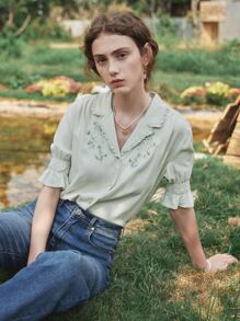 Simple Retro Áo sơ mi cổ chữ V thêu hoa màu xanh lá cây dành cho nữ Quần áo mùa hè Phụ nữ tính khí nhẹ nhàng Đi làm Văn phòng Phỏng vấn Sự thanh lịch của Pháp - Màu xanh Bạc hà - Xem 6