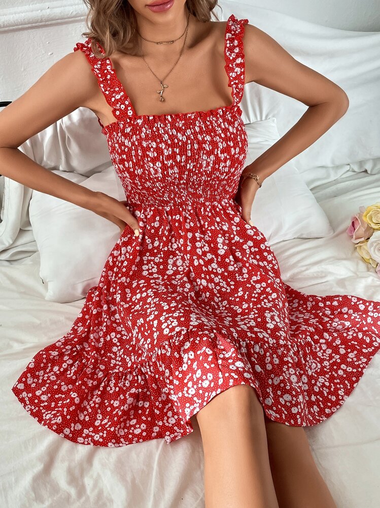 red ditsy print bardot frill hem skater dress Breezaya Ditsy Floral Print Shirred Frill Trim Cami Dress