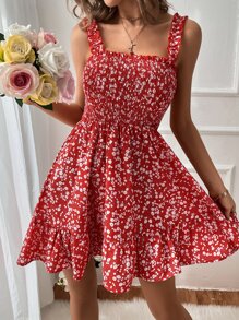 Breezaya Ditsy Floral Print Shirred Frill Trim Cami Dress - Red and White - View 1