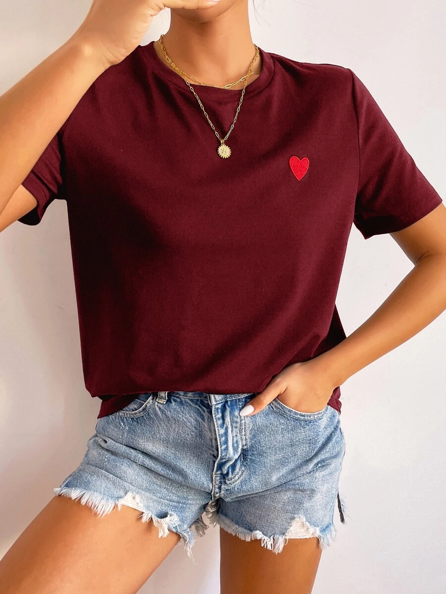 SHEIN Frenchy Heart Embroidery Tee - Burgundy - View 1