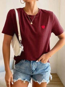SHEIN Frenchy Heart Embroidery Tee - Burgundy - View 3