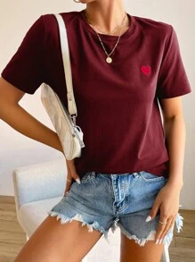SHEIN Frenchy Heart Embroidery Tee - Burgundy - View 4