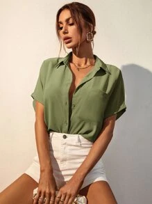 Serisse 素色前排扣口袋貼布襯衫 - 綠色 - 查看 3
