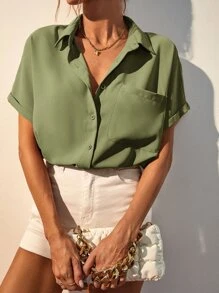 Serisse 素色前排扣口袋貼布襯衫 - 綠色 - 查看 6