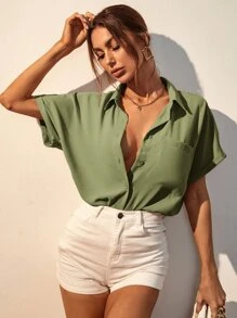 Serisse 素色前排扣口袋貼布襯衫 - 綠色 - 查看 8