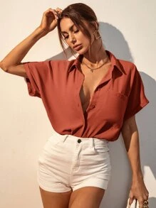 Serisse 素色前排扣口袋貼布襯衫 - 亮橙色 - 查看 4