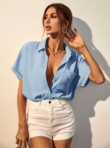 SHEIN Frenchy Minimalist & Fashionable Fruit Cherry Printed Blouse With Pocket And Single Breasted For Work/Leisure  Commute Minimalist Office Old Money  Simple - Baby Blue - View 7