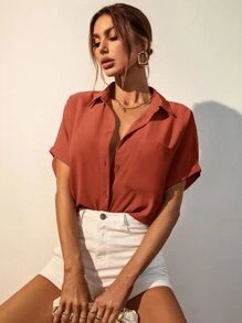 Serisse 素色前排扣口袋貼布襯衫 - 亮橙色 - 查看 8