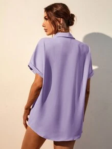 SHEIN Frenchy Áo sơ mi nữ Cao thấp Túi Nút phía trước màu trơn Giải trí - Màu Lilac Tím - Xem 2