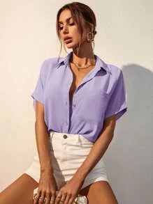 SHEIN Frenchy Áo sơ mi nữ Cao thấp Túi Nút phía trước màu trơn Giải trí - Màu Lilac Tím - Xem 5
