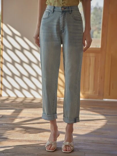 Simple Retro High Waist Washed Jeans
