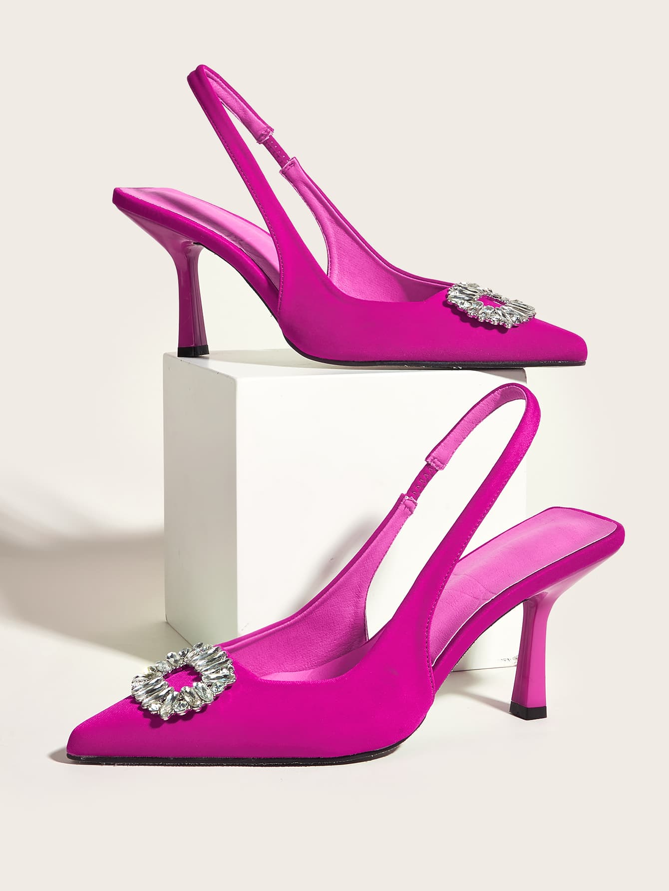 Tacones con diseño de diamante de imitación de punta con tacón delgado de talón abierto - Rosa Fucsia - Ver 1
