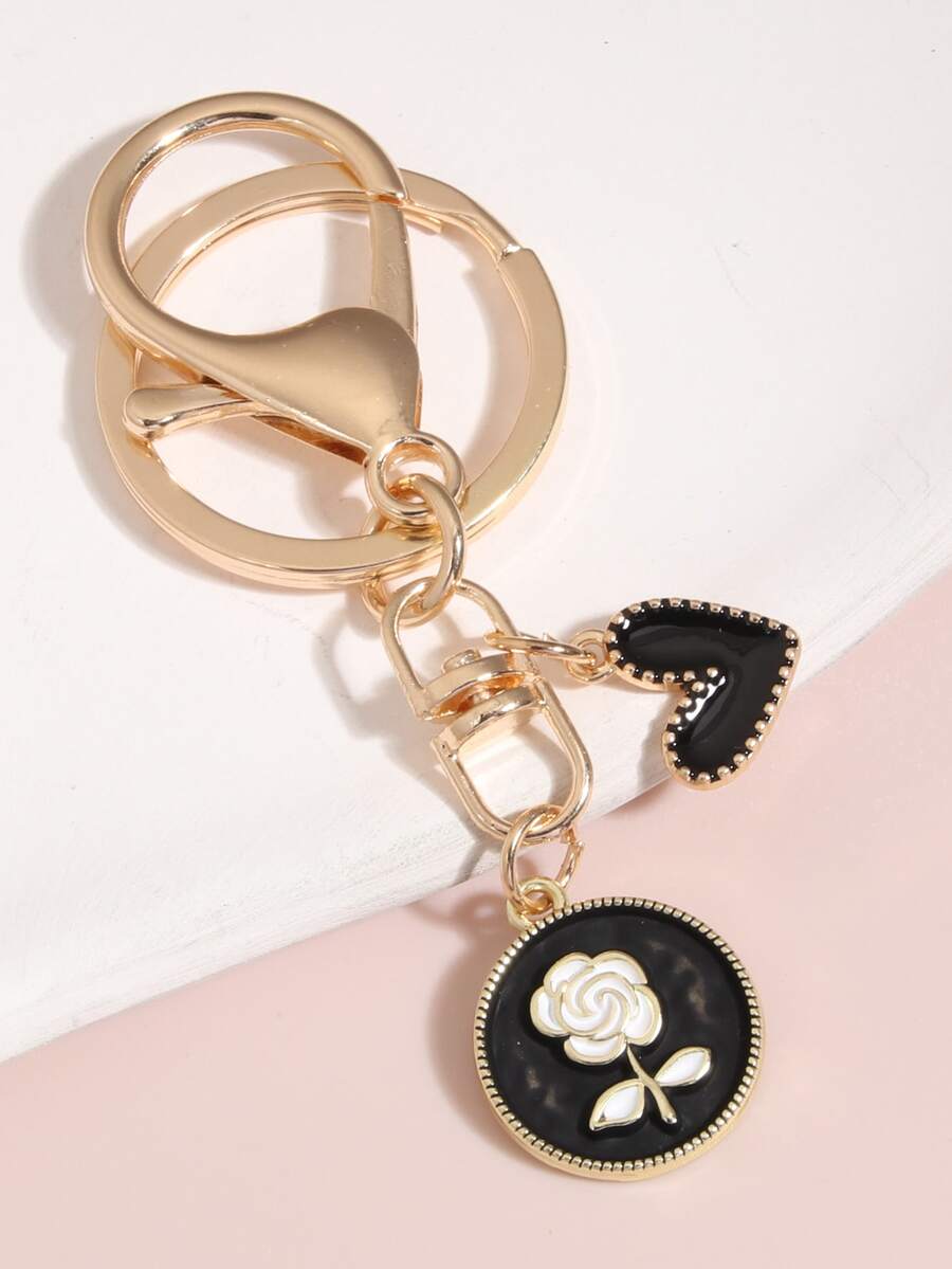 Llavero con accesorio de flor & corazón - Negro - Ver 1