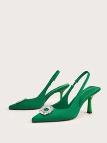 寶石細節露跟高跟鞋 - 綠色 - 查看 3