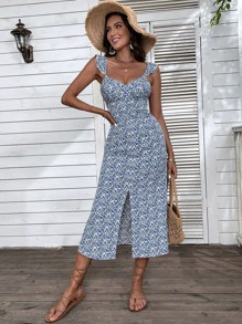 Đầm Xù Tách cao Họa tiết hoa Boho - Xanh và trắng - Xem 3