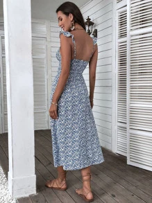 Đầm Xù Tách cao Họa tiết hoa Boho - Xanh và trắng - Xem 2