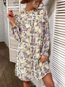 滿版印花荷葉邊荷葉袖連衣裙 - 彩色 - 查看 6