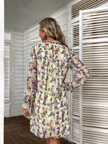 滿版印花荷葉邊荷葉袖連衣裙 - 彩色 - 查看 2