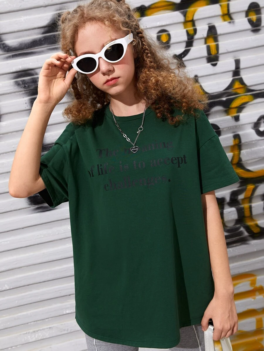 SHEIN Tops con gái Slogan Giải trí - Màu xanh lá cây đậm - Xem 1