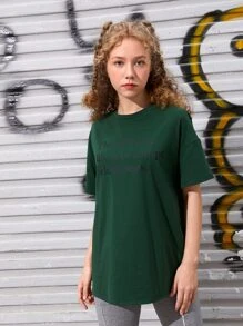 SHEIN Tops con gái Slogan Giải trí - Màu xanh lá cây đậm - Xem 4