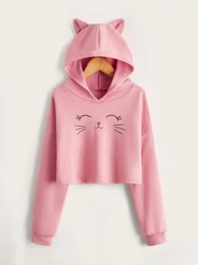 SHEIN Leap Crew Áo nỉ in hình mèo, kiểu dáng trễ vai, tai 3D, dành cho bé gái tuổi teen. - Hồng - Xem 1