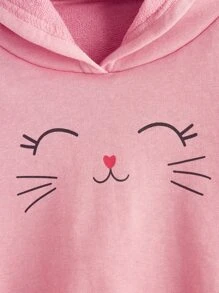 SHEIN Leap Crew Áo nỉ in hình mèo, kiểu dáng trễ vai, tai 3D, dành cho bé gái tuổi teen. - Hồng - Xem 3