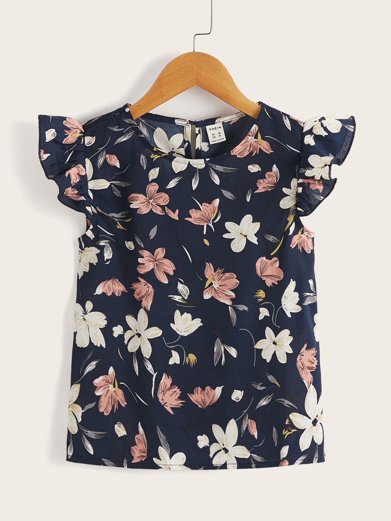 SHEIN 青少女荷葉邊袖洋裝上衣,印花圖案 - 彩色 - 查看 1