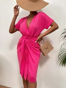 蝙蝠袖前打結連衣裙