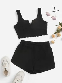 SHEIN Girls Lettuce Trim Waffle Knit Tank Top & Shorts Set - Black - View 1