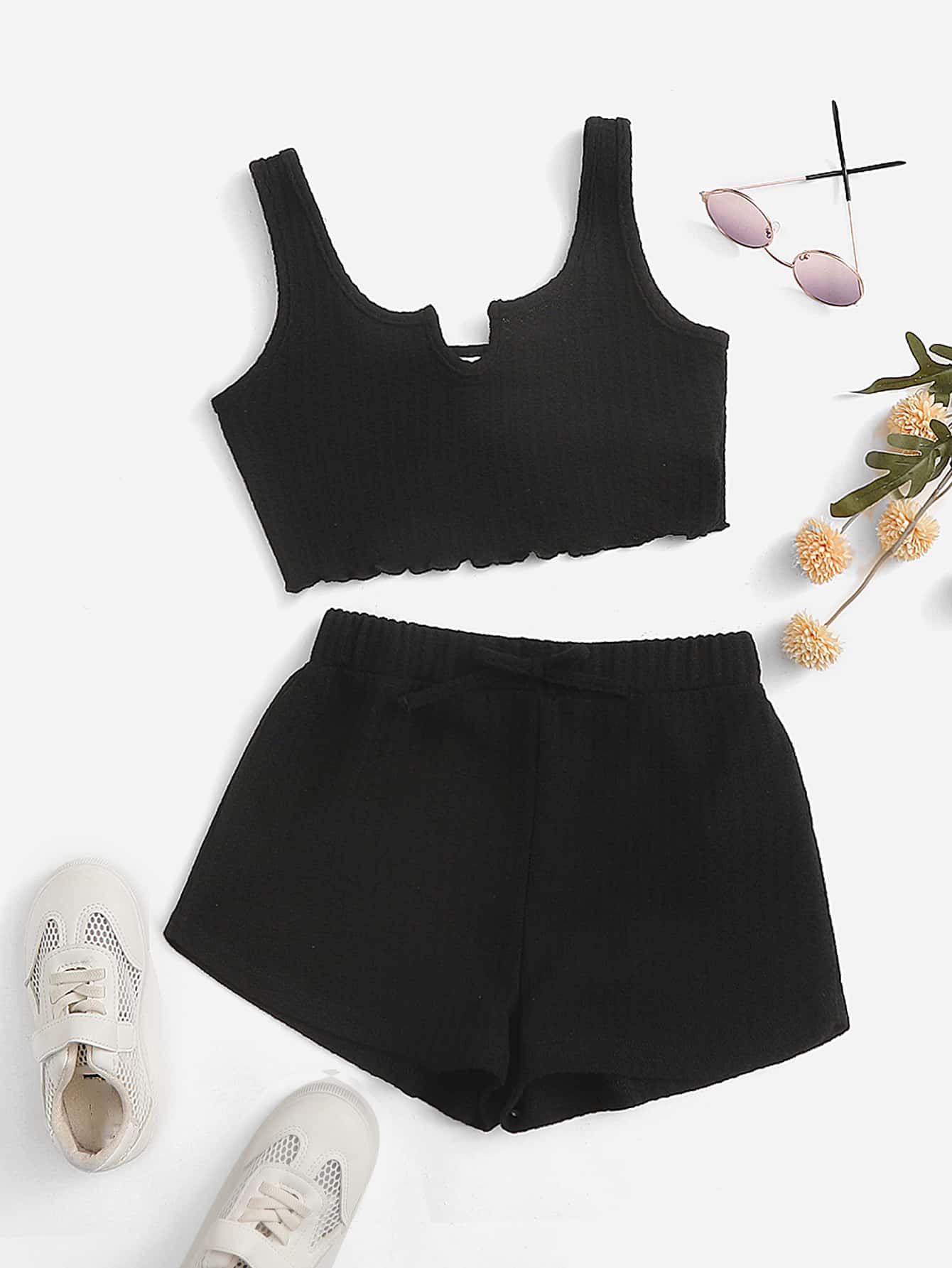SHEIN Girls Lettuce Trim Waffle Knit Tank Top & Shorts Set - Black - View 1