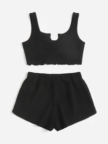 SHEIN Girls Lettuce Trim Waffle Knit Tank Top & Shorts Set - Black - View 2