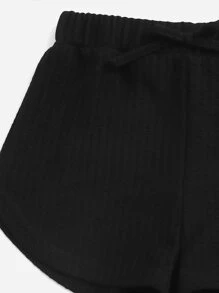 SHEIN Girls Lettuce Trim Waffle Knit Tank Top & Shorts Set - Black - View 4