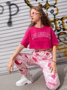 SHEIN Teen Girls Drop Shoulder Letter Graphic Crop Tee - Hot Pink - View 1