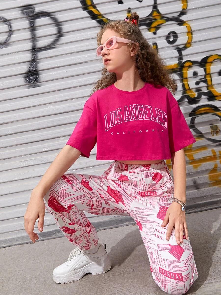 SHEIN Teen Girls Drop Shoulder Letter Graphic Crop Tee - Hot Pink - View 1