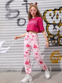 SHEIN Teen Girls Drop Shoulder Letter Graphic Crop Tee - Hot Pink - View 3