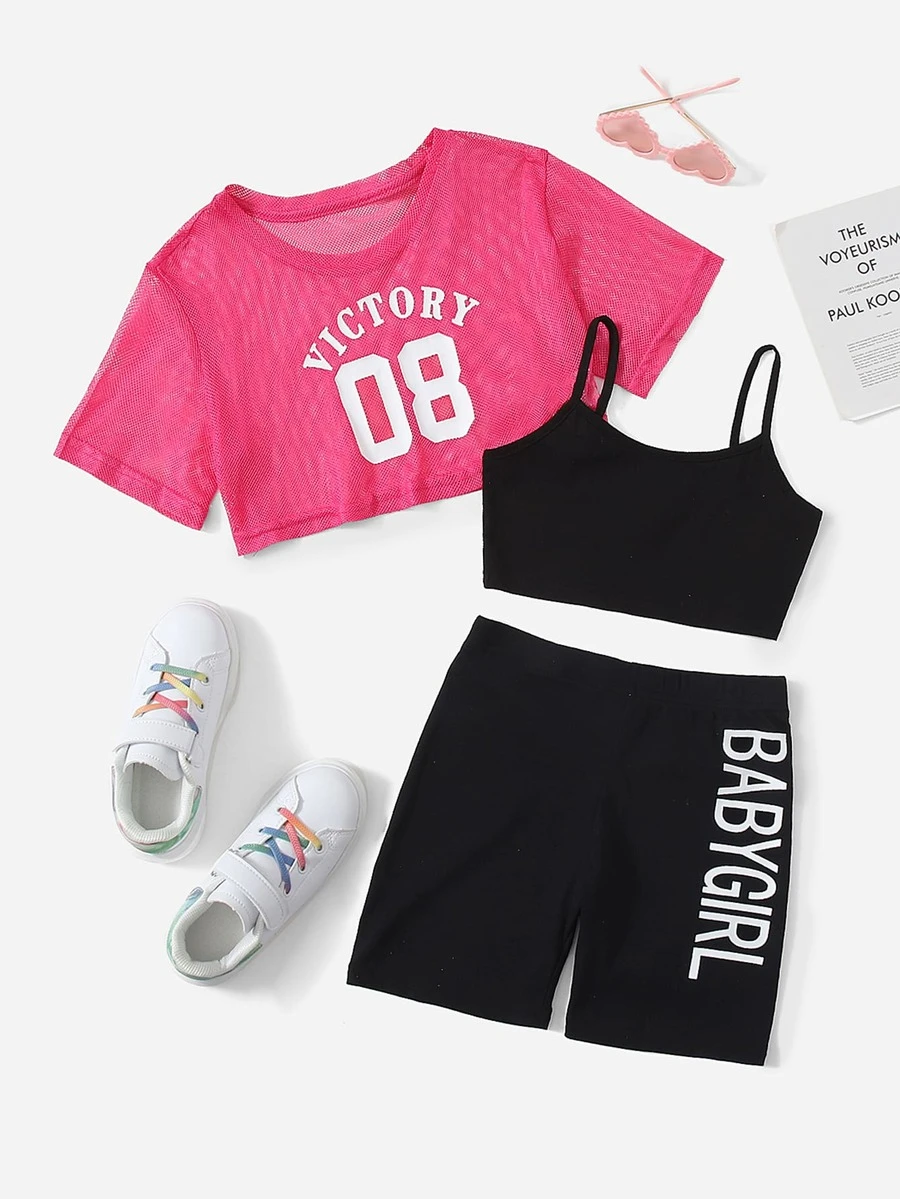 SHEIN Girls 3pcs Letter Graphic Tee & Camisole And Shorts - Multicolor - View 1