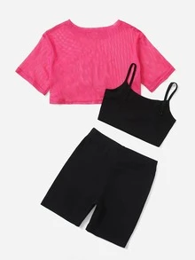 SHEIN Girls 3pcs Letter Graphic Tee & Camisole And Shorts - Multicolor - View 2