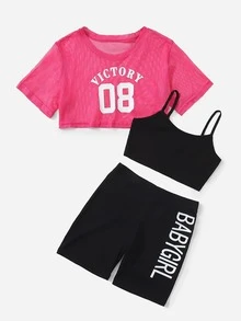 SHEIN Girls 3pcs Letter Graphic Tee & Camisole And Shorts - Multicolor - View 4