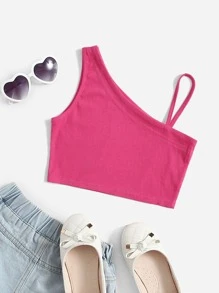 SHEIN Girls Asymmetrical Neck Solid Top - Hot Pink - View 1